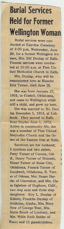 Blanch Turner Dunlap Obit